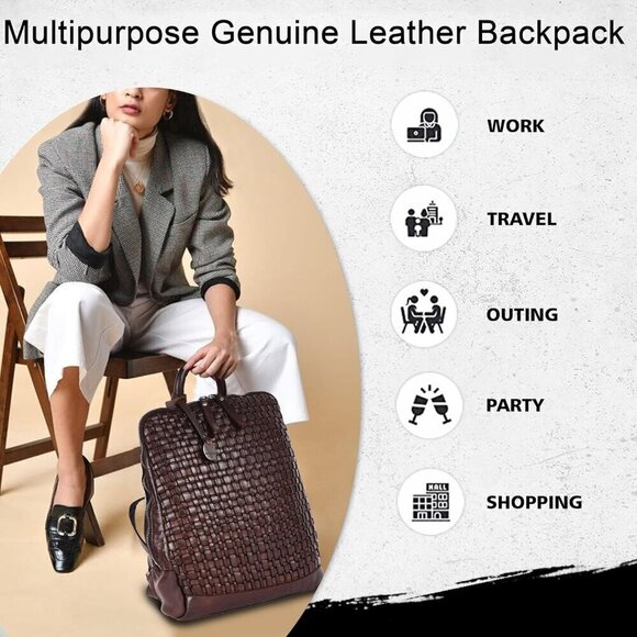 Women and Men Brown 12.5 Inch Leather Backpack with Adjustable Shoulder Strap - Picture 5 of 9